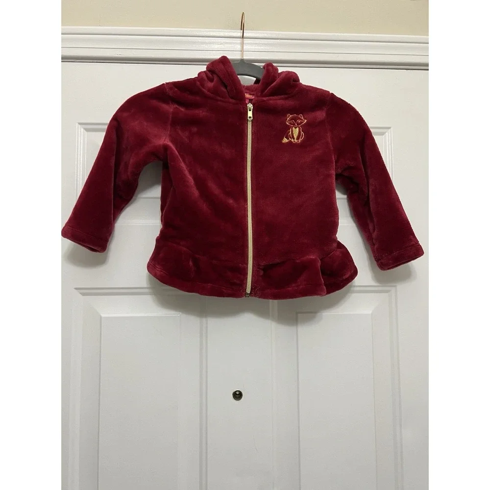 Penelope Mack Girls Toddler Red Fuzzy Jacket Size 3T‎ Hooded Full Zip Ears